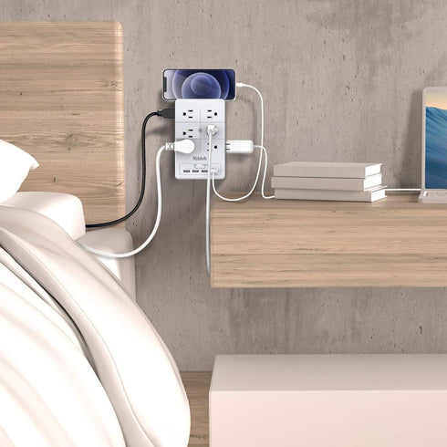 Multi Plug Outlet Surge Protector Nikleb, 12 Electrical Outlet Extender 3 Sided, Wall Outlet with 4 USB Charging Ports Total 4.8A, Plug Adapter 3 ...