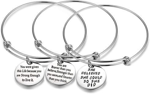 3PCS Stainless Steel Inspirational Charm Bracelets Jewelry Set Engraved Message Motivational Expendable Bangles for Women Girls...