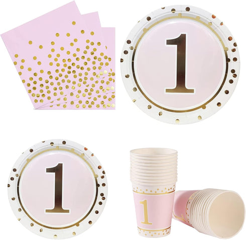 MaitianGuyou 1st Birthday Girl Decoration,Baby Shower Party Supplies Disposable Tableware Sets Includes Paper Plates Cups Straws And Napkins for B...