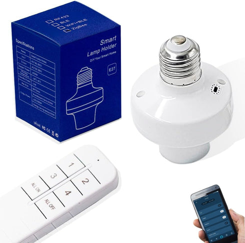 QIACHIP Remote Control Light Socket E26 E27 Bulb Socket Adapter, ZigBee Smart Light Holder Compatible with Alexa Echo Voice Control, Requires Zigb...