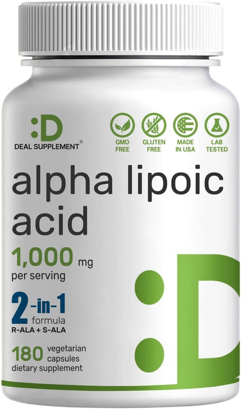 Alpha Lipoic Acid 1,000mg, 180 Veggie Capsules – 50/50 R-ALA & S-ALA for Max Bioavailability – Antioxidant Supplement – Energy & Nervous System Su...