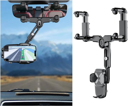 Rear View Mirror Phone Holder, 360° Rotatable Retractable Rearview Mirror Phone Mount, Multifunctional Adjustable Auto Phone Cradles for All Smart...
