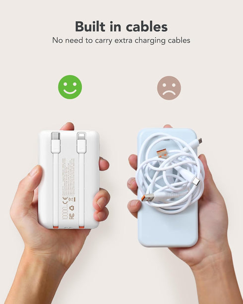 Mini Portable Charger for iPhone - 10000mAh Small PD 22.5W Fast Charging Power Bank with Built-in Cables - Travel Essentials USB C Slim Battery Pa...