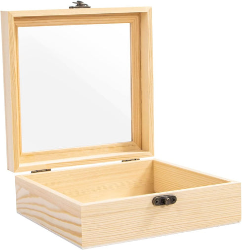 Unfinished Wooden Display Box with Glass Top Hinged Lid, Small Wood Keepsake Storage Box, DIY Craft Box for Collectibles Jewelry Gift and Home Dec...