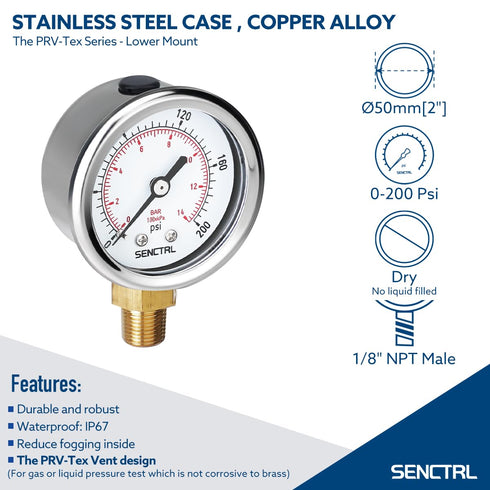 0-200 psi Pressure Gauge, 2" Dial Size, 1/8 NPT Lower Mount, Waterproof, Stainless Steel Case, for Pneumatic Regulator Air Compressor Portable Tan...