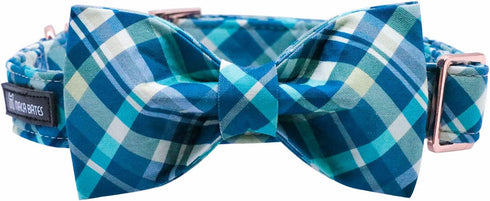 Maca Bates Blue Checkered Dog Collar with Bow Bowtie for Dogs Bows Tie Grid Summer Plaid Adjustable Breakaway Collars Accessories Birthday Gift fo...