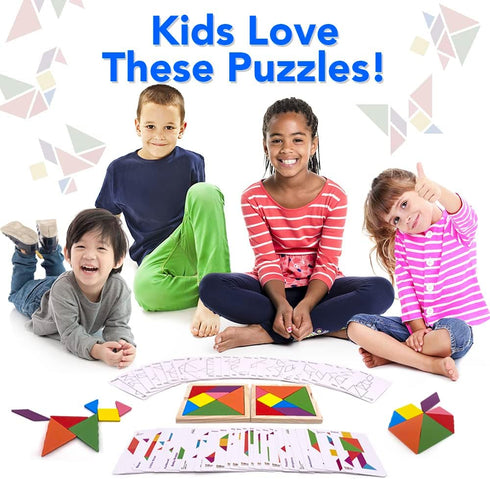 3 Bees & Me 2 Wooden Tangram Shapes Puzzle Toys with 52 Pattern Cards for Kids and Adults - Montessori Wood Toy, STEM Shape Puzzles Manipulatives ...