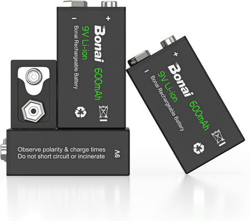 BONAI Rechargeable 9V Batteries 600mAh High Capacity 9V Rechargeable Batteries,(4 Pack) 9 Volt Lithium Batteries for Smoke Alarms Metal Detector e...