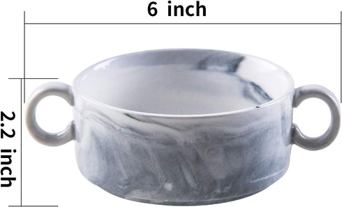 Yundu 9 Ounce Bowls with Handles,Ceramic Bowl for Soup, Souffle, Cereal, Stew, Chill, Ramekins, Set of 6, Grey Marble...