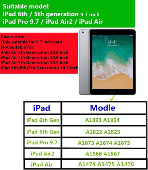 Cute Case for iPad 6th / 5th Generation 9.7 Inch 2018/2017 - iPad Air 2 / 1st - iPad Pro 9.7 2016, Smart Slim Handbag Leather Cover with Stand Poc...