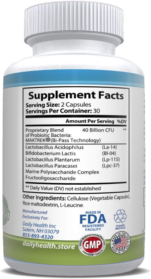 Daily Probiotic 40 Billion CFU MakTrek Bi-Pass Technology Digestion Immune Health 60 Veggie Capsules (1 Month Supply)...