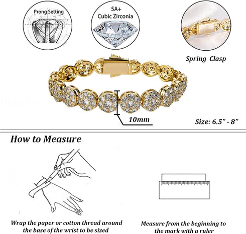 TOPGRILLZ Gold Bracelet Tennis Bracelet for Women Mens Bracelet 1 Row 10mm 14K Gold Plated Iced Out Cubic Zirconia Solitaire Cluster Tennis Link B...