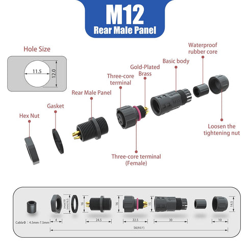 AOHUA M12 Waterproof Connector IP68 Outdoor Electrical plug for 2 Or 3-pin Cables Ø 4.5-7.5mm UL Certification (Black)(6 Pack)...