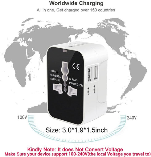 rts High Speed 25W Dual USB Universal Travel Adapter International All in One Worldwide Travel Multi Plug Adapter Cable & Wall Charger with Build ...