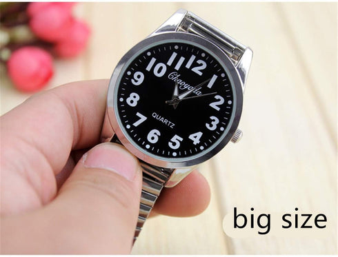 Classic Men’s Easy Reader Big Dial Number Sliver Stainless Steel Expansion Strap Bracelet Elastic Wristwatches (Dial 40 Black)...