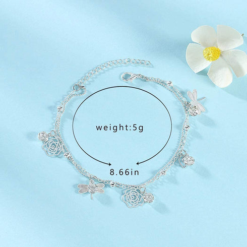 Dreamyn Boho Anklets Crystal Ankle Bracelets Flower Barefoot Foot Chain Dragonfly Anklet for Women and Girls (silver)...