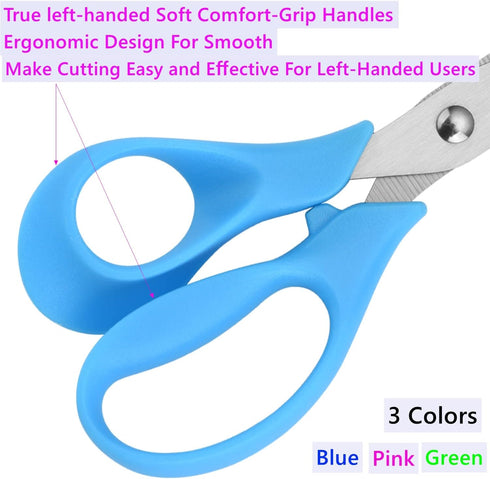 Left Handed Scissors Kids,5" Left Handed Kids Craft Scissors Ages 3+ Stainless Steel Soft Comfort-Grip Handles Blunt Lefty Safety School Scissors ...