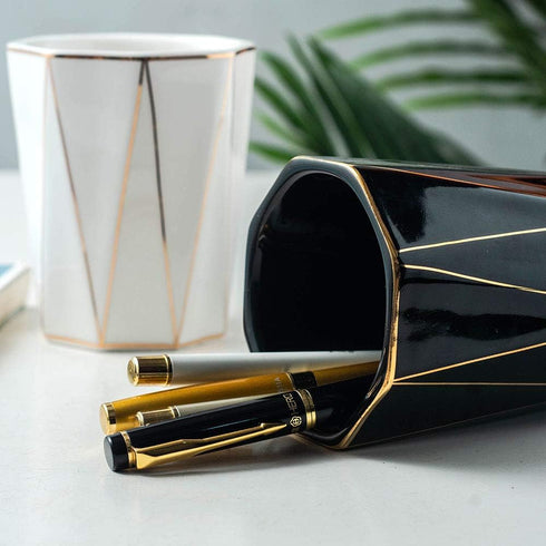 Ceramic Cone-Shape Pen Holder With Gold Line Stand Pencil Cup Pot Desk Organizer Makeup Brush Holder (Black)...