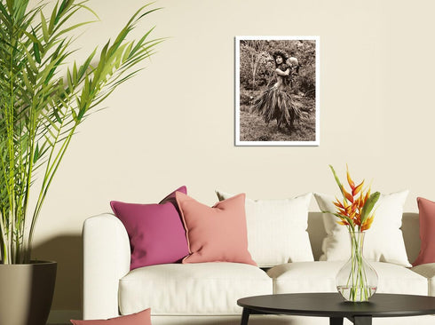 Hawaiian Hula Dancer Ipu (Gourd Drum) IV - Vintage B&W Photograph by Alan Houghton c.1960s - Master Art Print (Unframed) 9in x 12in...