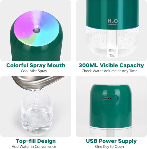 Mini Humidifiers for Bedroom, 200ml Cool Mist Humidifiers for Home Nursery Indoor Plants, Room Humidifiers for Bedroom Quiet Easy Clean Auto Shut-...