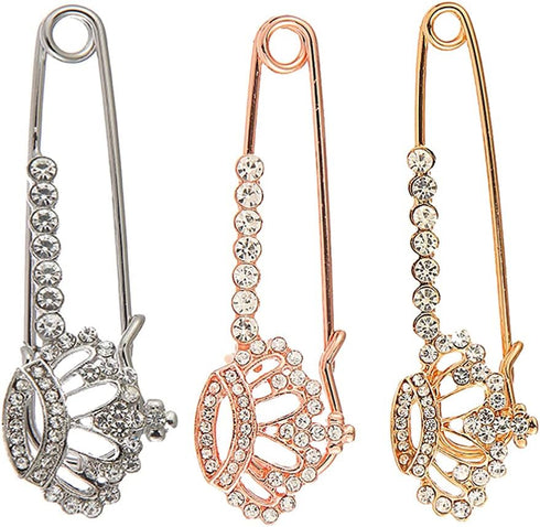 3Pcs Crown Safety Pin Women Crystal Brooch Pins Sweater Shawl Clips Rhinestone Brooches New Year Valentines Day for Women Men...