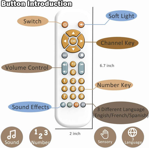 Baby TV Remote Control Toy with Light and Sound, Early Educational Music Toy with English/French/Spanish, Gift Toy for 6 Months+(White)...