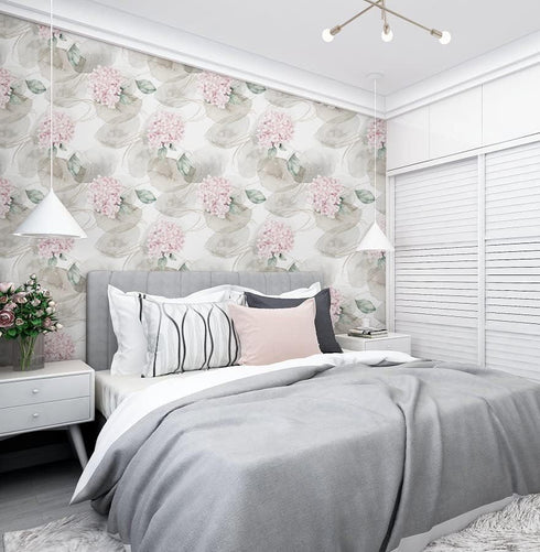HAOKHOME 93164 Abstract Nordic Peel and Stick Wallpaper Geometric Hydrangea Floral White/Grey/Pink Stick on Home Decor 17.7in x 118in...