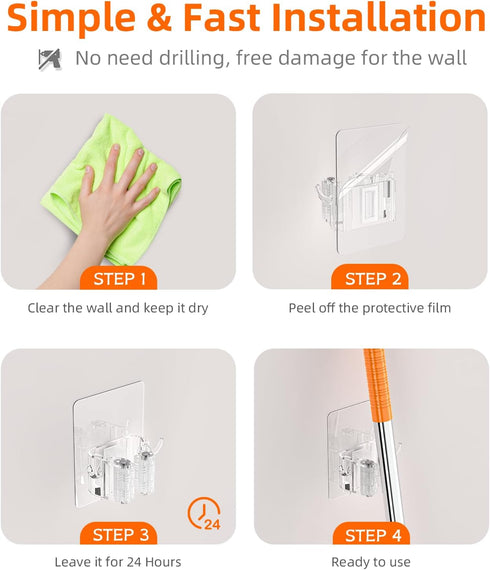 Batur Broom Holder Wall Mount, 4 Pack New Version Broom Holder, Super Anti-Slip Mop and Broom Holder Wall Mount, Adhesive Broom Hanger Mop Organiz...