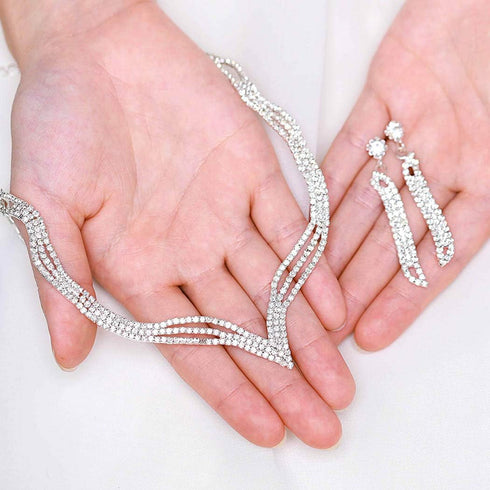 Unicra Wedding Jewelry Set Silver Rhinestone Necklace Earrings Set Prom Party Jewelry sets for Brides and Women...