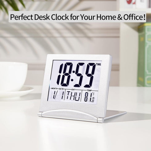 Small Digital Travel Alarm Clock Battery Operated, Portable Large Number Display Loud Alarm Clock with Temperature, Night Backlight, 12/24 H Desk ...