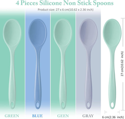 4 Pieces Large Silicone Mixing Spoon for Baking, Serving, Basting - Heat Resistant, Non Stick Utensil Spoon (Blue, Gray, Green)...
