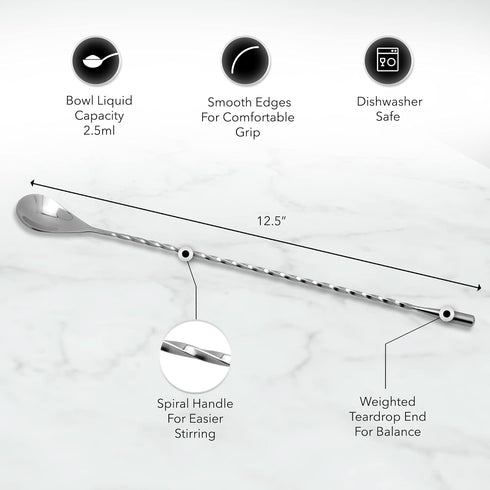 The Art of Craft Bar Spoon: 12.5” Stainless Steel Cocktail Mixing Spoon, Long Handle Spiral Design with Weighted Teardrop End (Set of 2)...