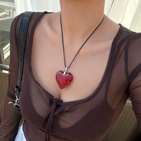 Big Heart Pendant Choker Necklaces - Chunky Glass Puffy Heart Choker Necklace for Women Y2K Grunge Jewelry...