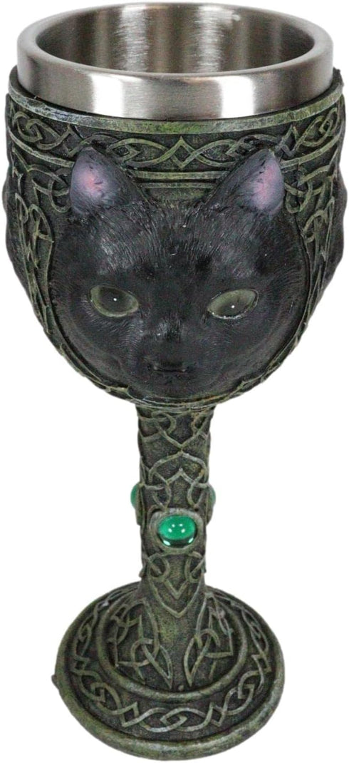 Ebros Wicca Mystical Witching Hour Black Cat Wine Goblet 7oz Feline Cats Celtic Wine Knotwork Beverage Chalice Goblet Cup With Green Gems...
