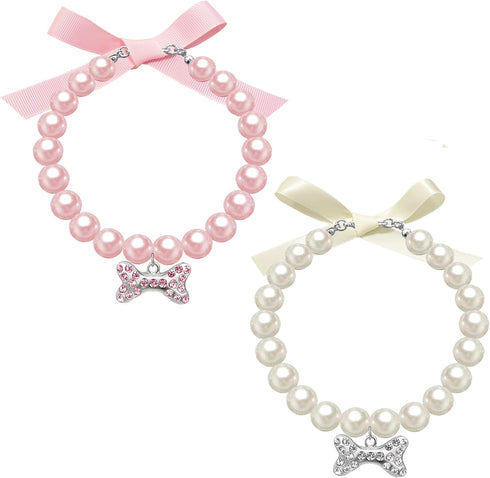 2 Pcs Dog Cat Pearl Collar Necklace with Rhinestone Bone, Fancy Cat Wedding Collar Jewelry for Girl Cat Puppy Dogs Accessories(Pink+White)...