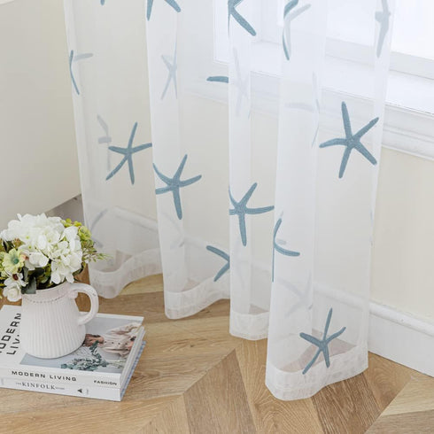 Embroidered Teal Starfish Sheer Curtains for Living Room 84 inches Long Rod Pocket Retro Voile Window Curtains Drapes for Bedroom 52 x 84 Inch 1 P...
