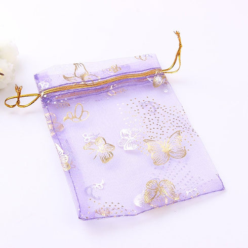 100pcs Mini Sheer Organza Wedding Favor Bags 3.5x4.5'' Luxury Jewelry Candy Gift Card Bags with Gold Line Drawstring Pouches Butterflies (Light Pu...