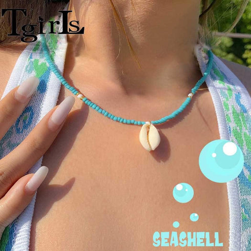 Tgirls Boho Seed Beaded Necklace Shell Starfish Choker Necklaces Cute Summer Pendant Necklace Colorful Beach Necklace Chain for Women and Girls...