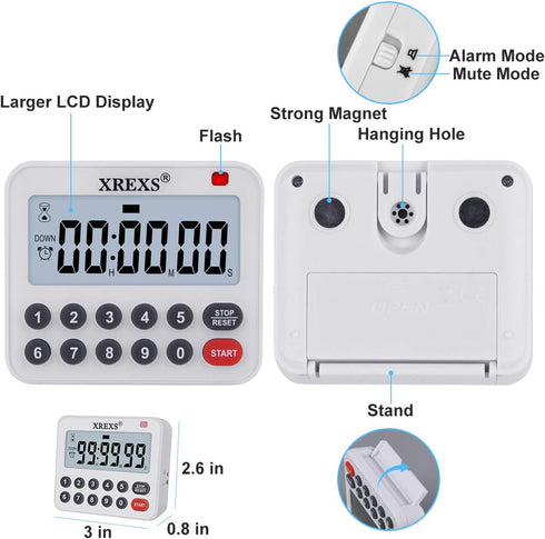 XREXS Digital Kitchen Timer Magnetic Countdown Up Cooking Timer Loud Alarm and Mute Optional, Magnet and Stand, Large Display Classroom Timer for ...