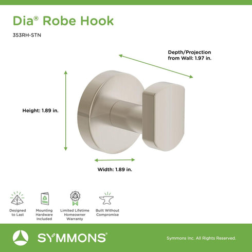 Symmons 353RH-STN Dia Wall-Mounted Robe Hook in Satin Nickel...
