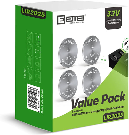 EEMB LIR2025 Rechargeable Li-ion Battery Charger with 4PCS 3.7V Lithium-ion Coin Button Cell Batteries 40mAh...