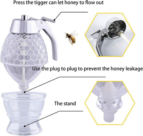 Squeeze Honey Dispenser,Plastic No Drip Maple Syrup Dispenser,Juice Jar Container Bee Drip Dispenser, Honey Pot with Stand,200ML...