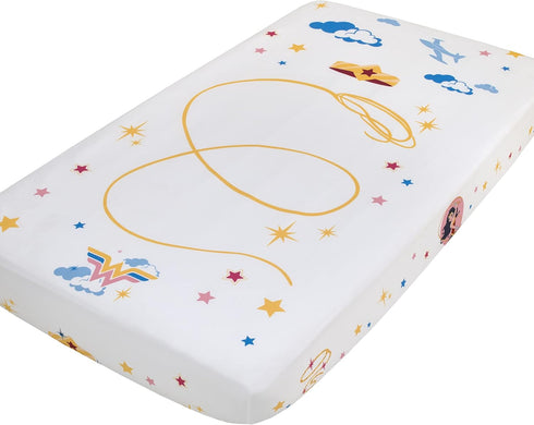 Warner Brothers Wonder Woman White and Gold Star-Tiara, Lasso of Truth, and The Invisible Jet Photo Op Nursery Fitted Crib Sheet...