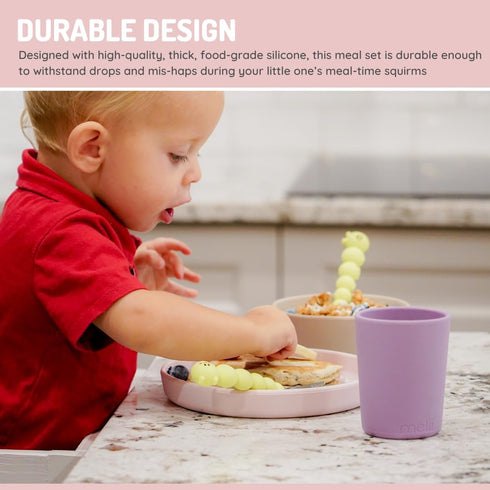 melii Non-Suction Silicone Plate, Bowl and Cup Set for Toddlers, Kids and Children (Purple, Grey, Pink)...