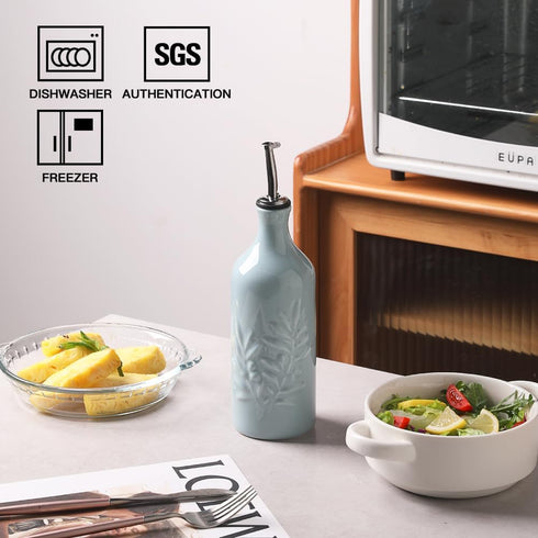 Sweejar Ceramic Olive Oil Dispenser Bottle, 20 Oz Relief Opaque Oil Cruet Protects Oil To Reduce Oxidation, Suitable for Storage Oil, Vinegar, Soy...