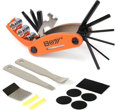 Bike Tool Kit Set, Portable Bike Repair Kit include 16 in 1 Multi Tool, 2 iron Tire Levers and 5 Pre-glued Patch Tire Patch, Metal Files, All in O...