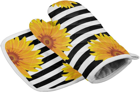 Set of Oven Mitt and Pot Holder, Sunflowers Oven Gloves Heat Resistance Non-Slip Surface for Kitchen BBQ Cooking Baking Grilling, Black White Stri...
