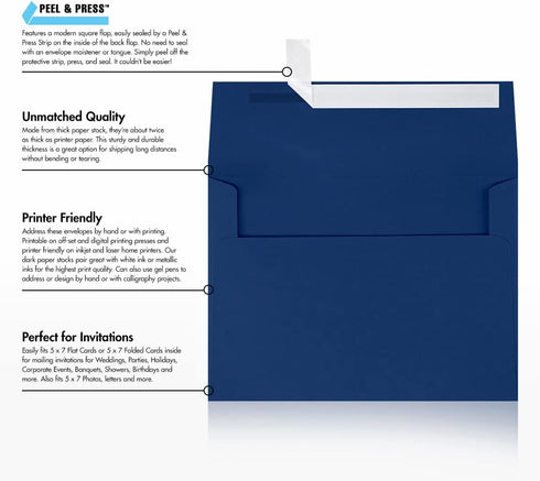 LUXPaper A7 Invitation Envelopes | Peel & Press | 5 1/4" x 7 1/4" | Navy Blue | 80lb. Text | 50 Qty...