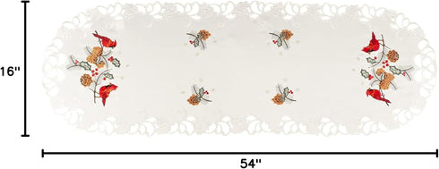 Embroidered Christmas Red Cardinals and Pine Cones on White Satin Table Runner Dresser Scarf 16 x 54 Inches...