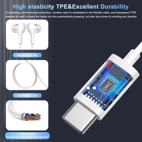 USB C Headphones,Type C Earphones with Microphone Volume Control,Magnetic Wired Earbuds HiFi Stereo,USB C Earphones with Noise Isolating for Samsu...